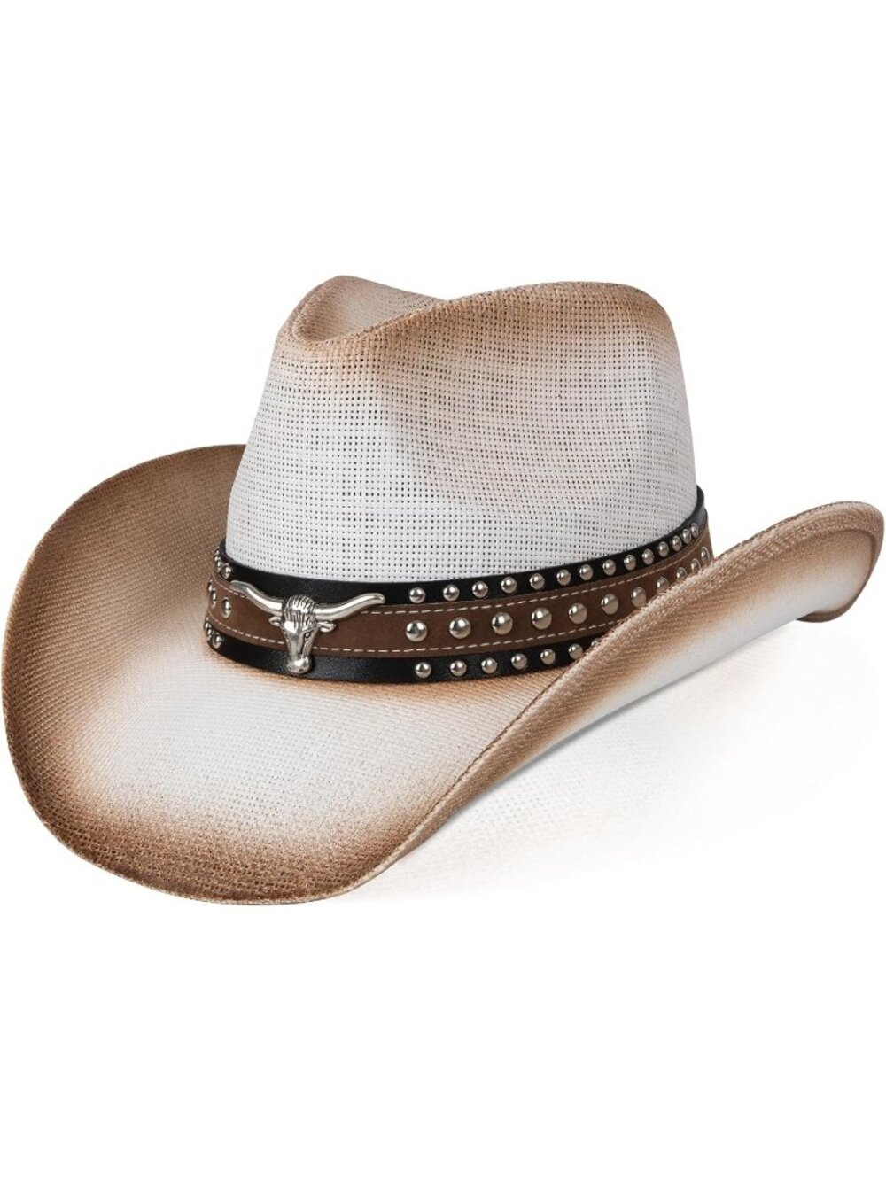 Men's White&Coffee Elastic Closure Straw Wide Shapeable Brim Cowboy Western Hat